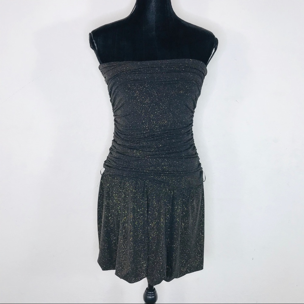 Black Gold Sparkle Strapless Ruched Dress Small